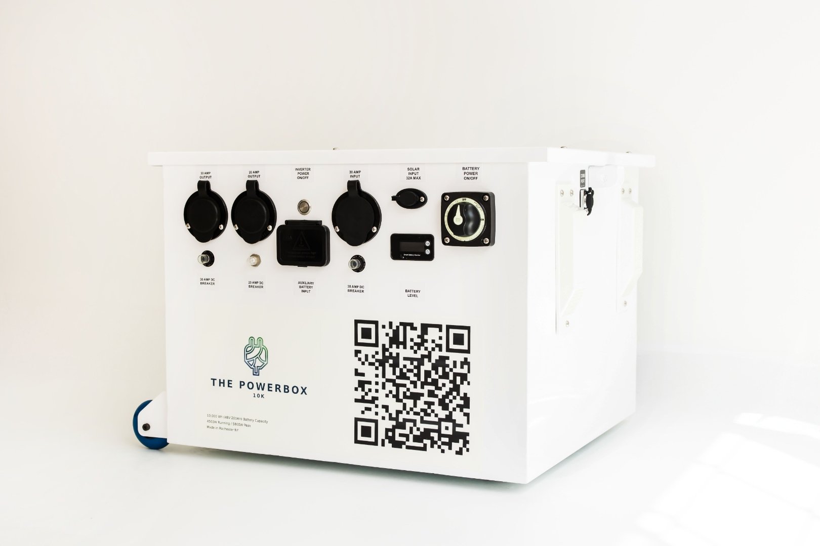 THE POWERBOX 10K control panel angled view showing 30A and 20A AC outputs, solar input, and battery monitor for food truck power
