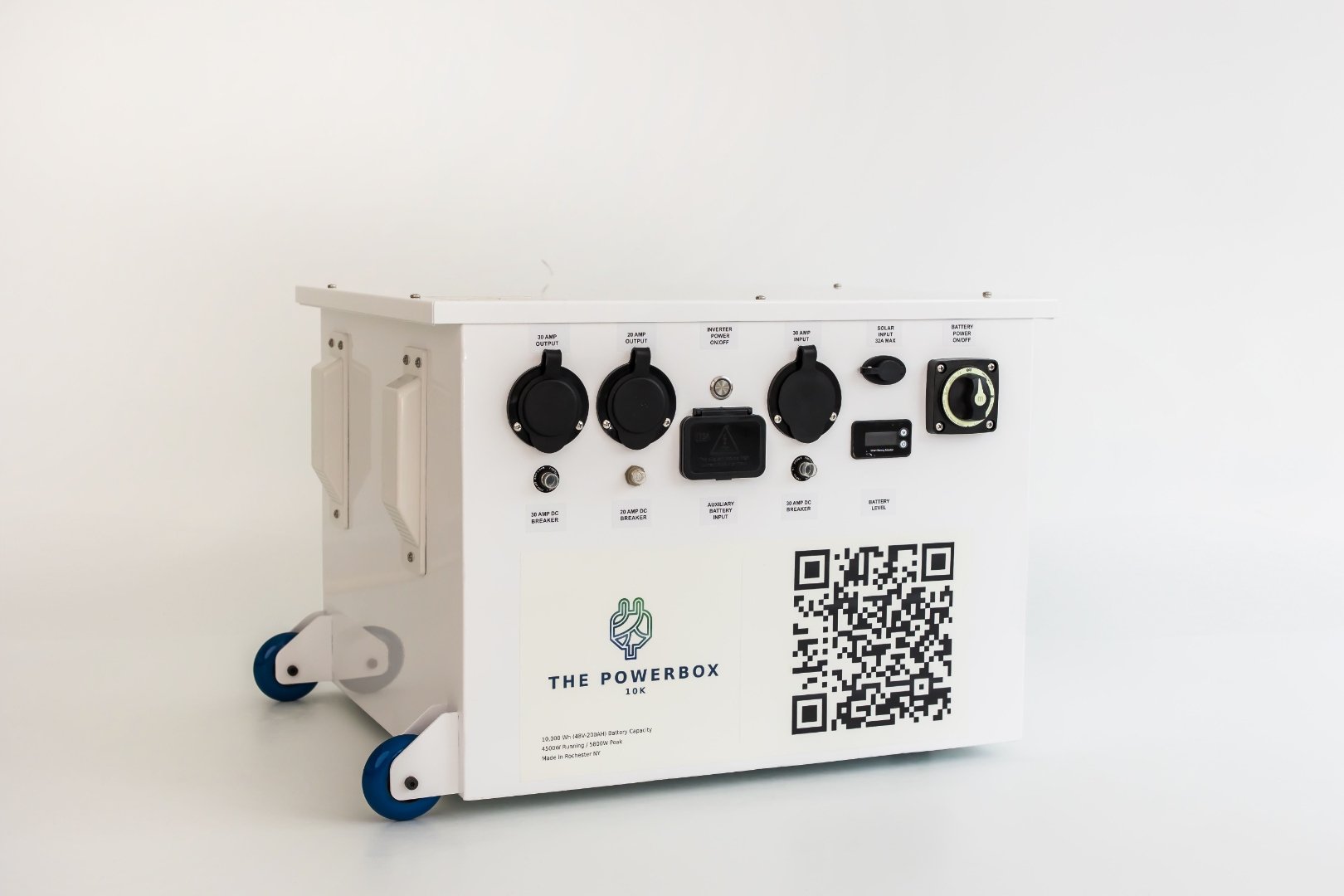 THE POWERBOX 10K portable battery power station on blue caster wheels, three-quarter studio view showing carry handles and steel enclosure